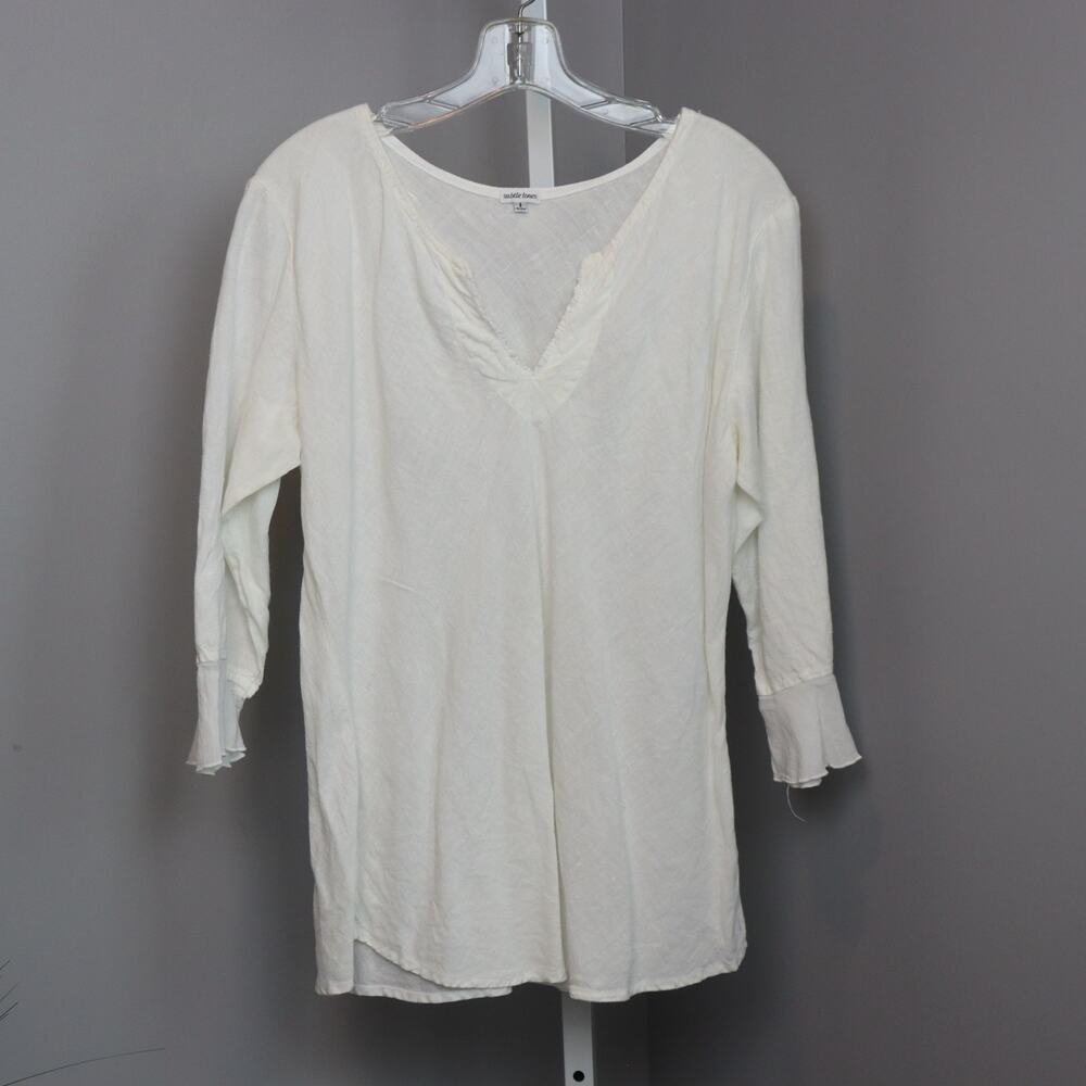 Subtle Tones Linen Tunic White Raw Hem Pullover S/M USA